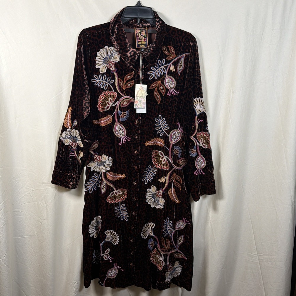 Johnny Was Gineva Velvet Shirt Dress L NWT $398 Leopard Embroidered Floral